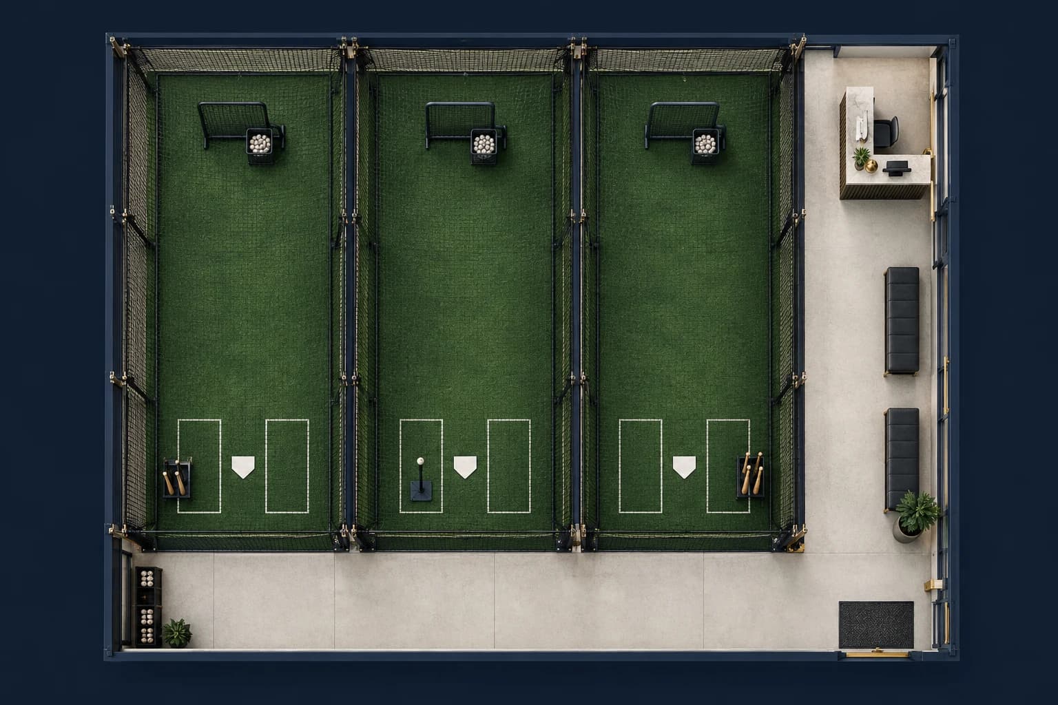 Conceptual overhead model of three batting cages and a reception area