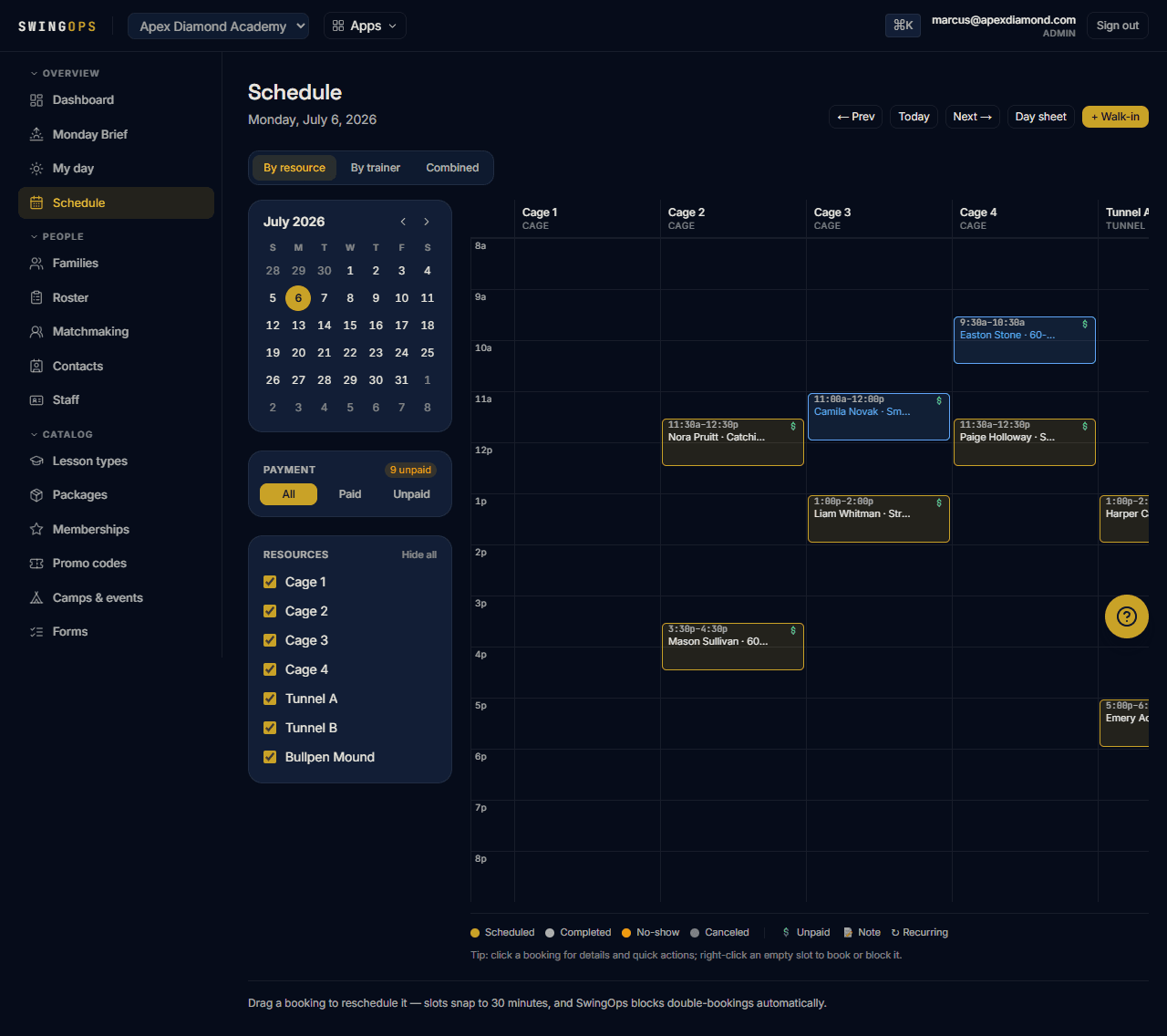 SwingOps schedule showing sample resources and bookings